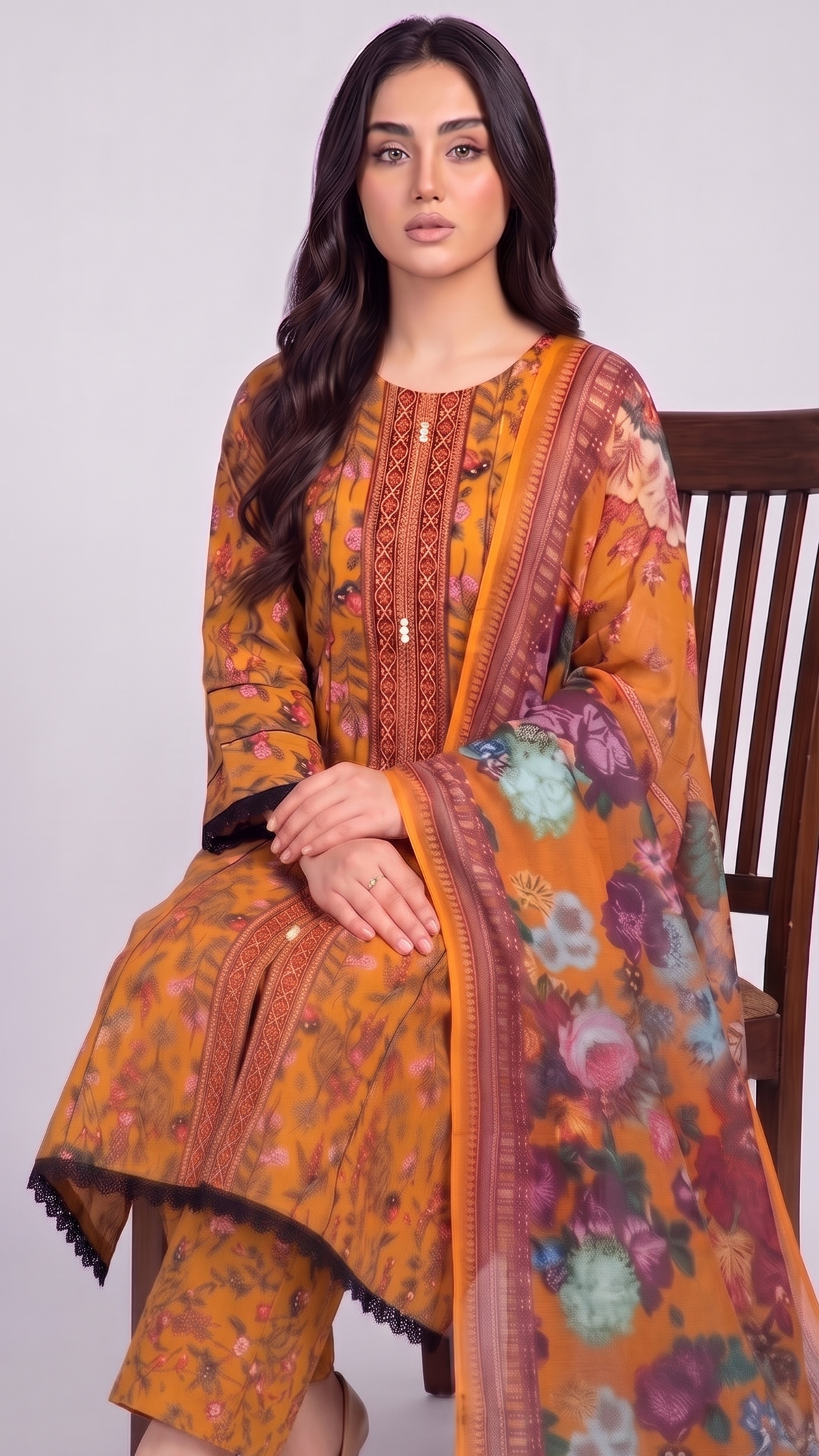 Floral Printed & Embroidered 3-Piece Suit