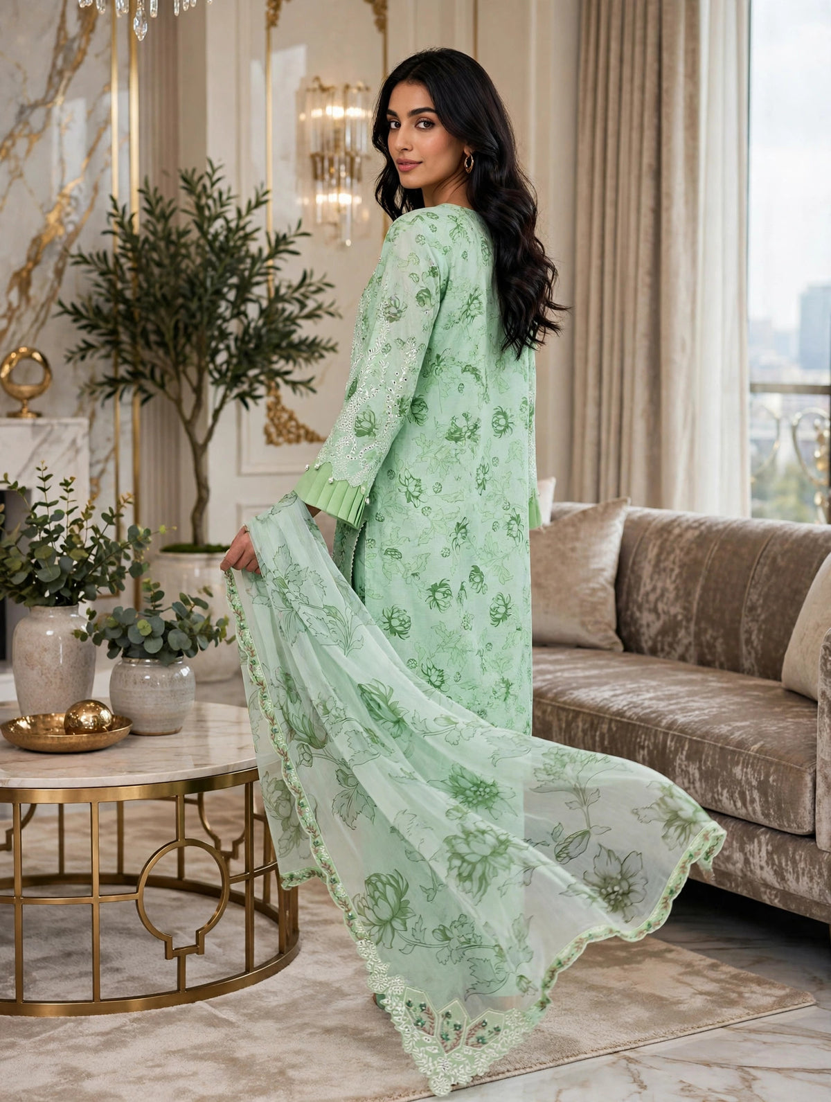 Mint Green Embroidered 3 Piece