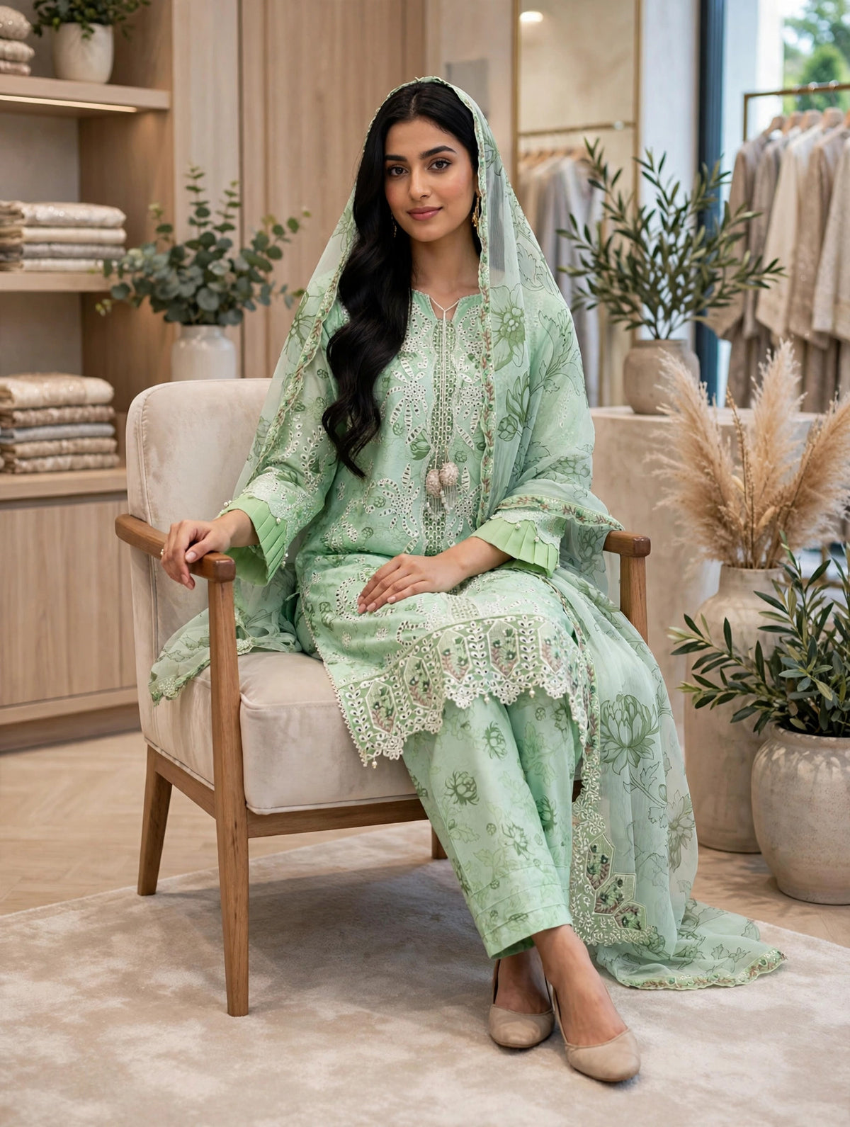 Mint Green Embroidered 3 Piece