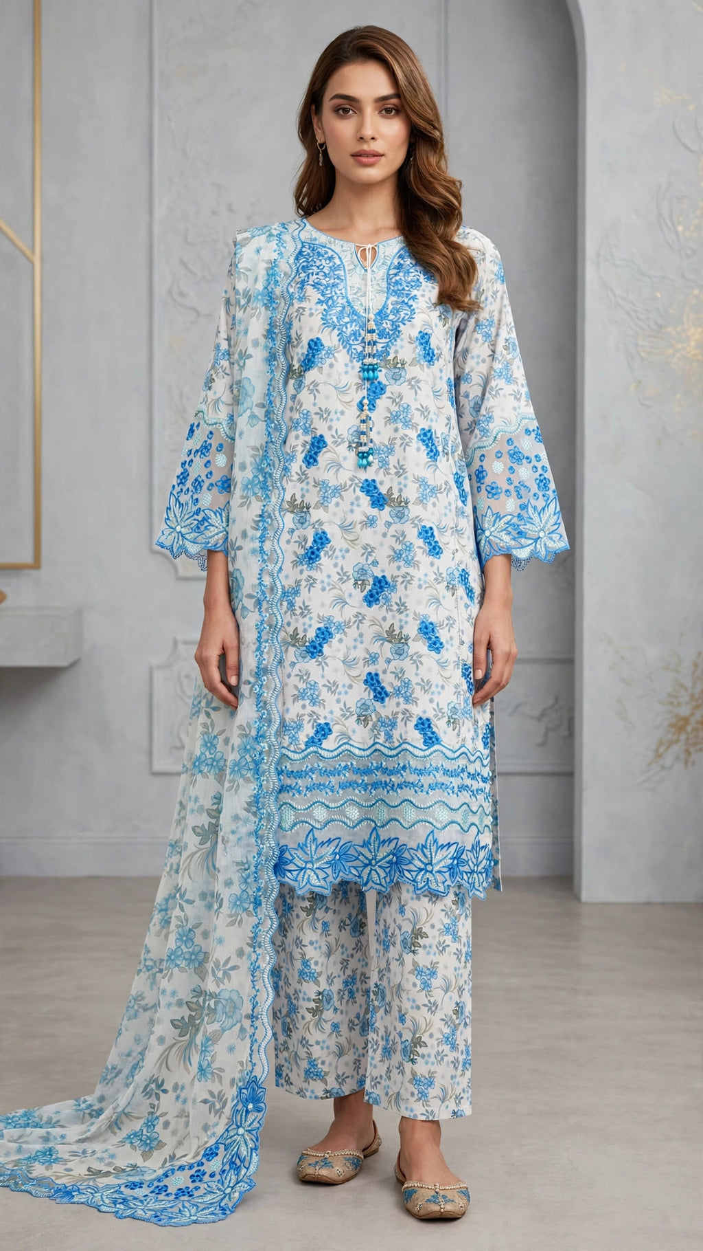 Blue & White Embroidered 3-Piece