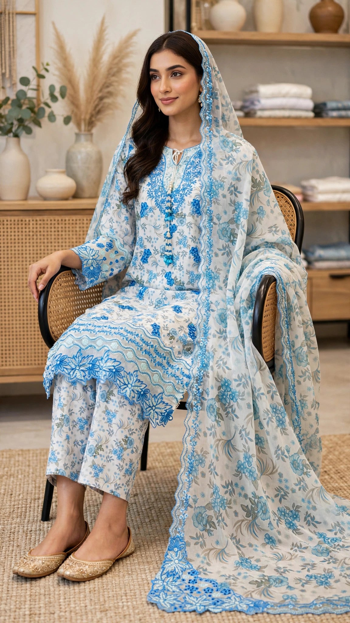 Blue & White Embroidered 3-Piece