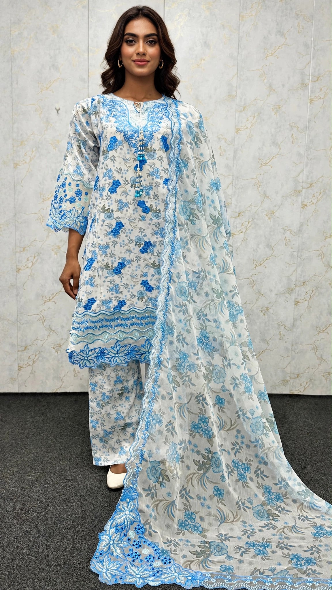 Blue & White Embroidered 3-Piece