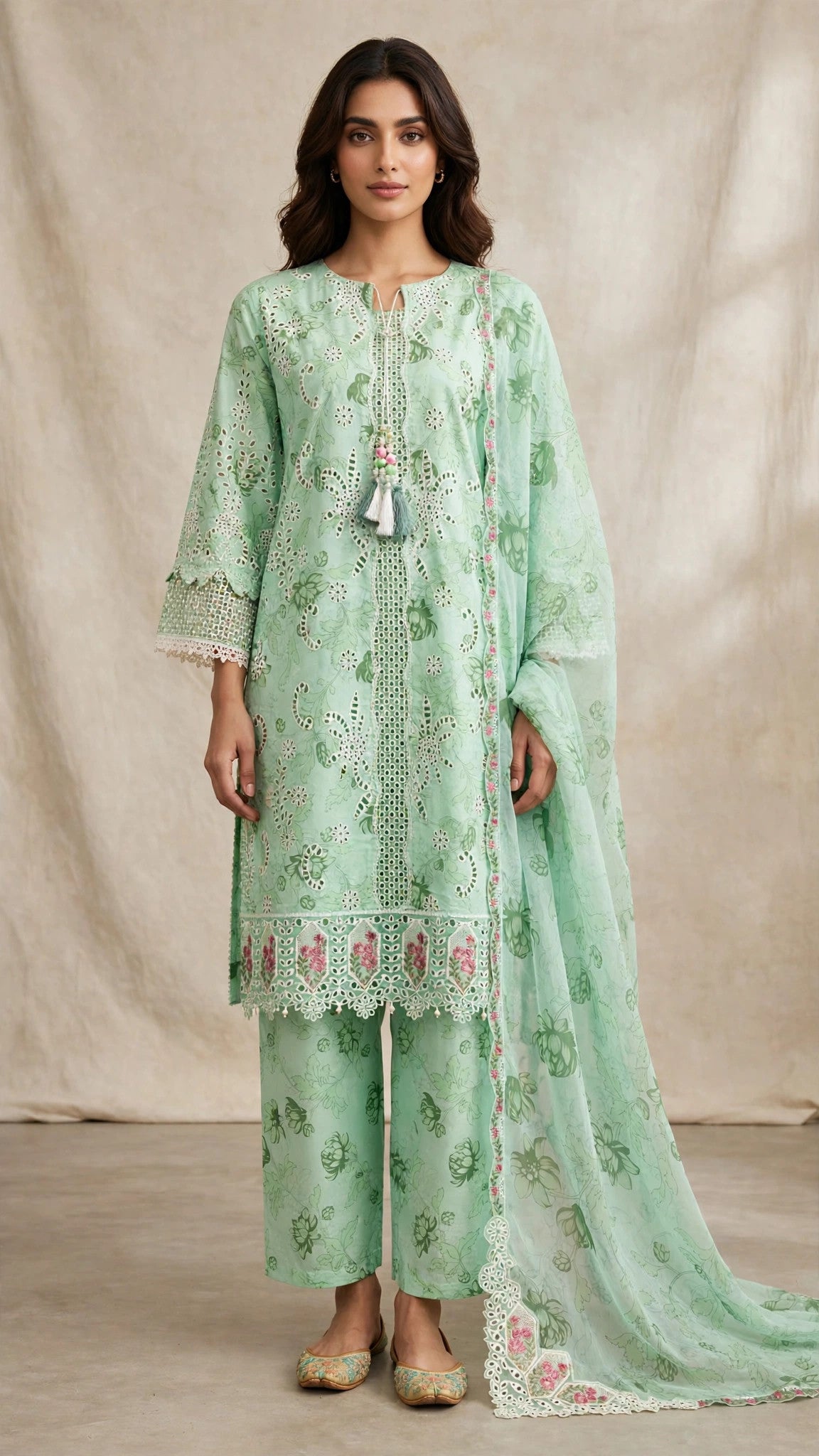Mint Green Embroidered 3 Piece