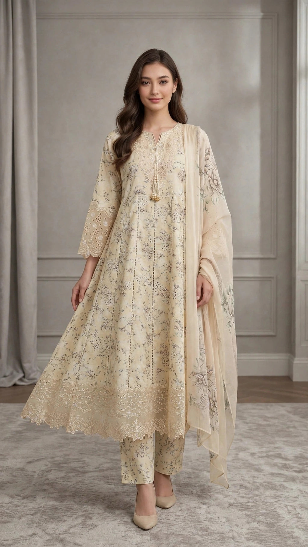 Soft Cream Embroidered Maxi