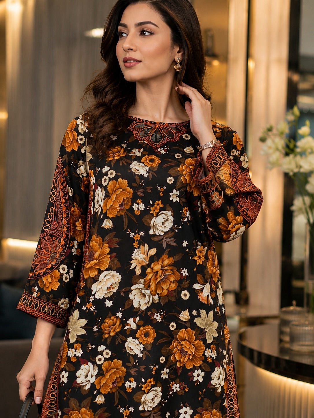 Black Floral 3 Piece Embroidered