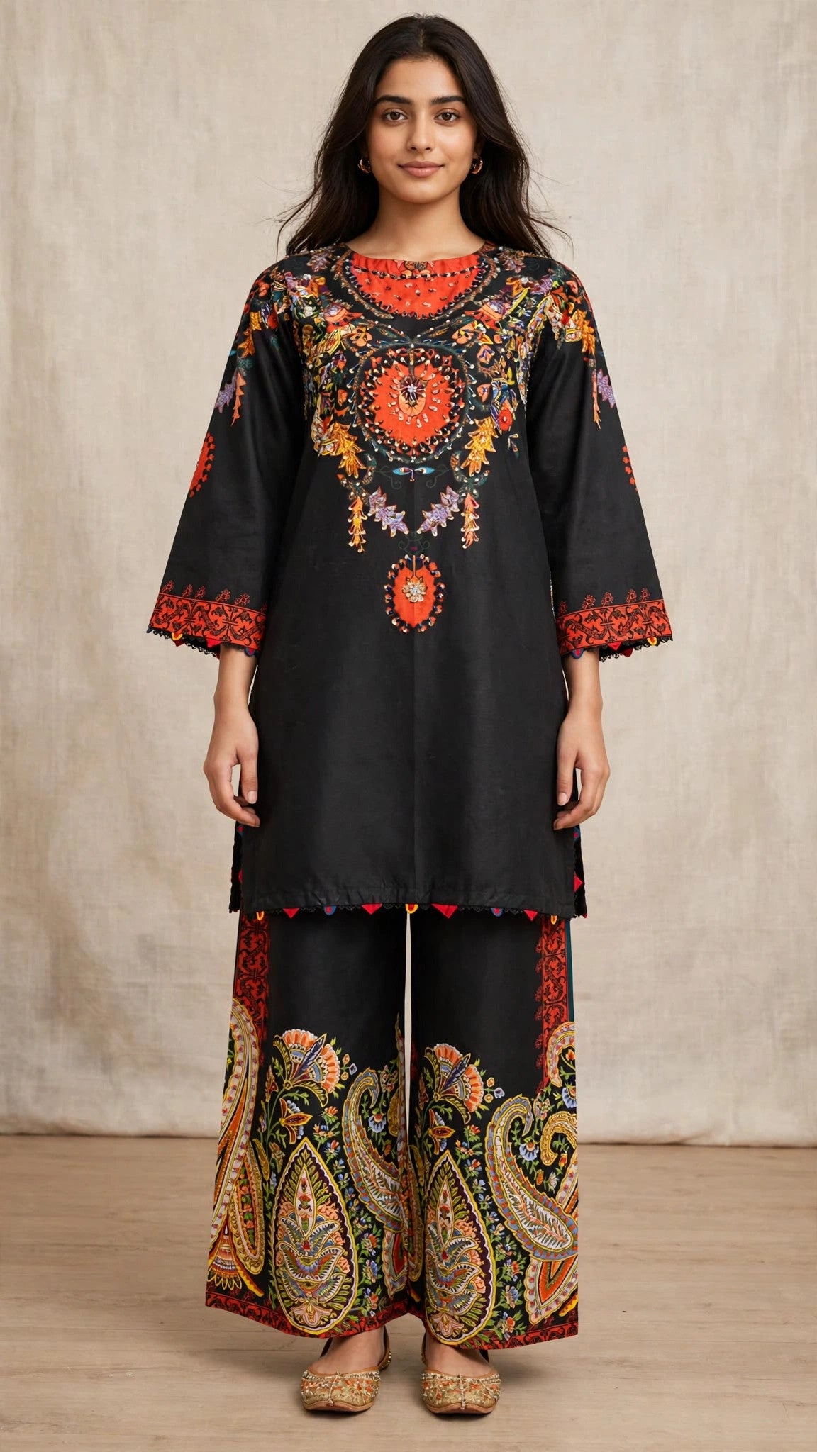 Black & Multi Color Printed 2 Piece