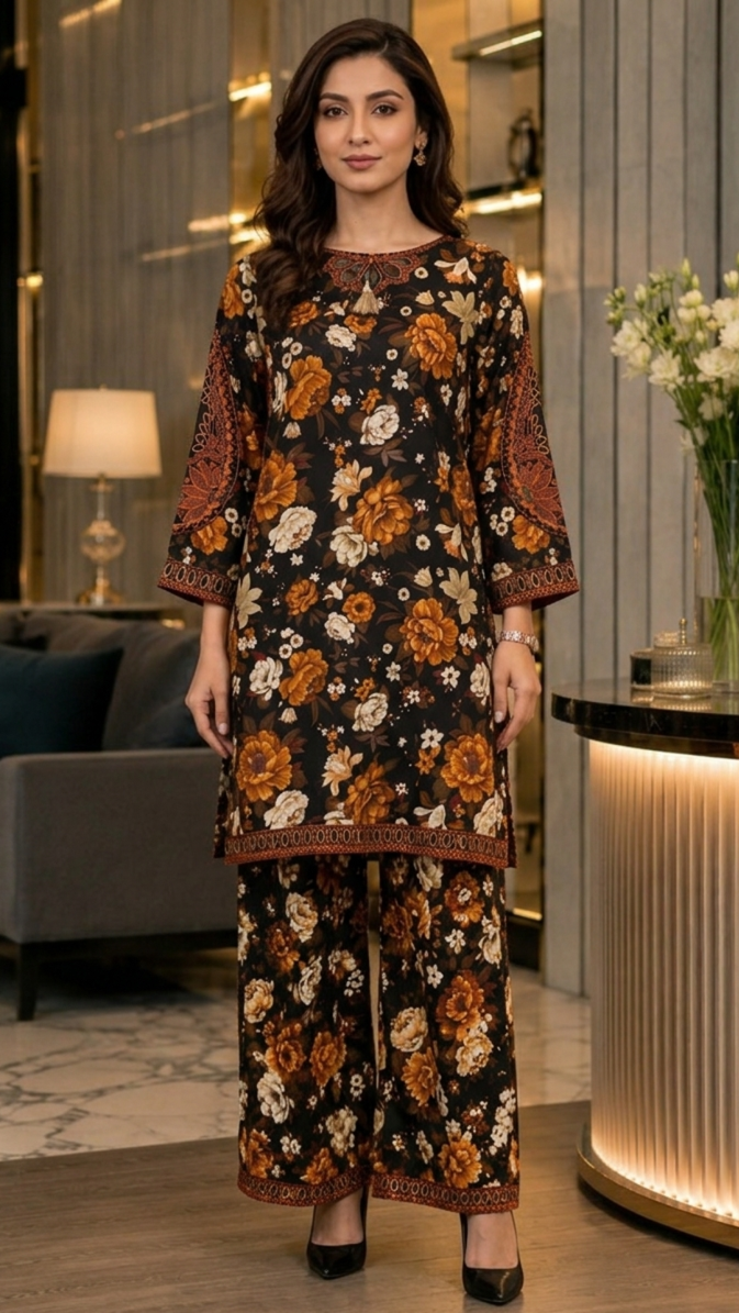 Black Floral 3 Piece Embroidered