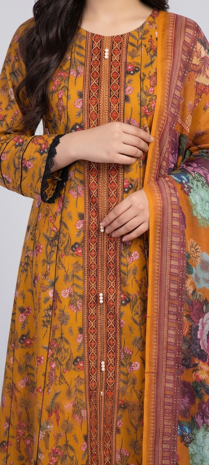 Floral Printed & Embroidered 3-Piece Suit